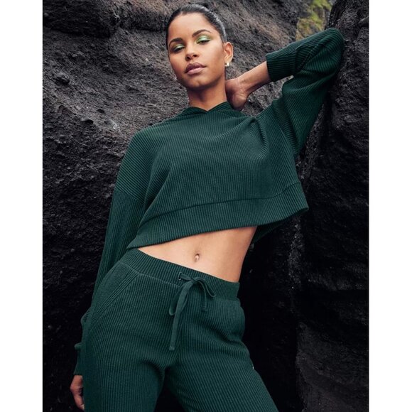 Alo Muse Hoodie Midnight Green Ribbed Hooded Pullover Sweatshirt Hood Sweater L - Picture 7 of 11